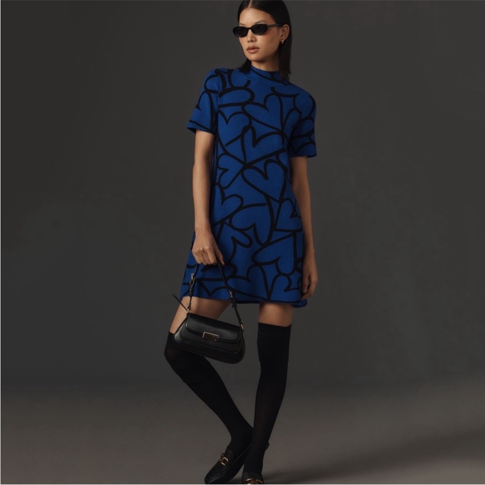 Anthropologie Blue Heart Print Knit Short-Sleeve Dress NWT!